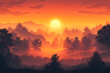 Fototapeta premium Scenic Nature Sunset Over Silhouetted Forest with Vibrant Yellow and Orange Clouds