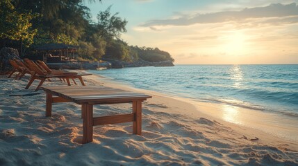 Tropical beach sunset, wooden table, lounge chairs