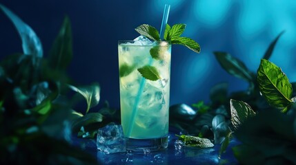 Refreshing mint lime drink, summer cocktail, ice, leaves, dark background, tropical vibe, menu image