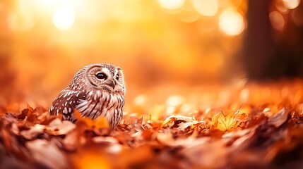Serene Owl Nestled Among Autumn Leaves in Golden Light