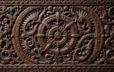 Detailed Wood Carving with Intricate Floral and Wheel Design