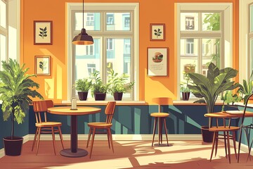 Modern Urban Cafe with Sunlit Greenery and Contemporary Art Decor