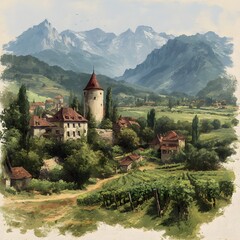 Fototapeta premium A picturesque village led in a valley surrounded by majestic snow-capped mountains under a bright summer sky with vineyards and a medieval tower.