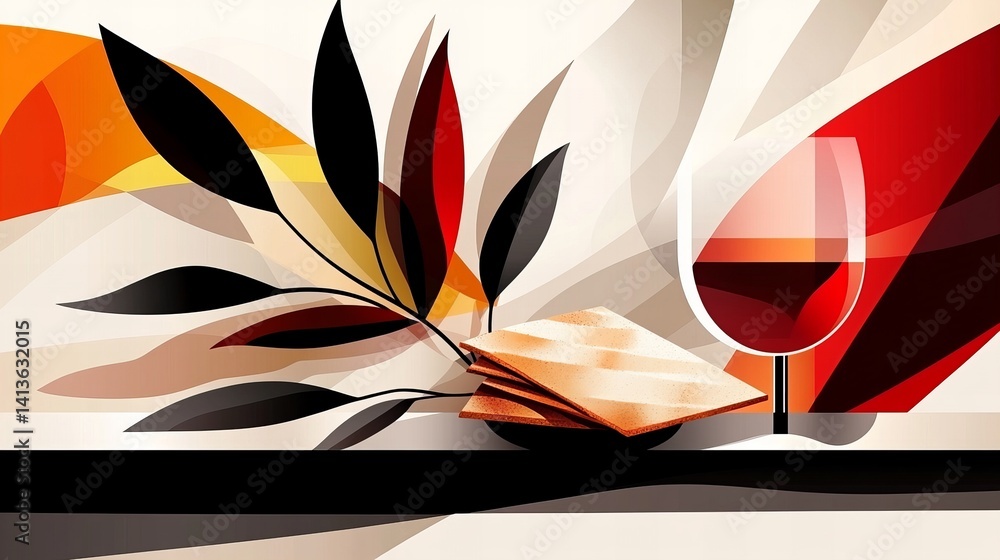 Poster wineglass holding red wine sits next to stack of flatbread with abstract botanical shapes and geomet