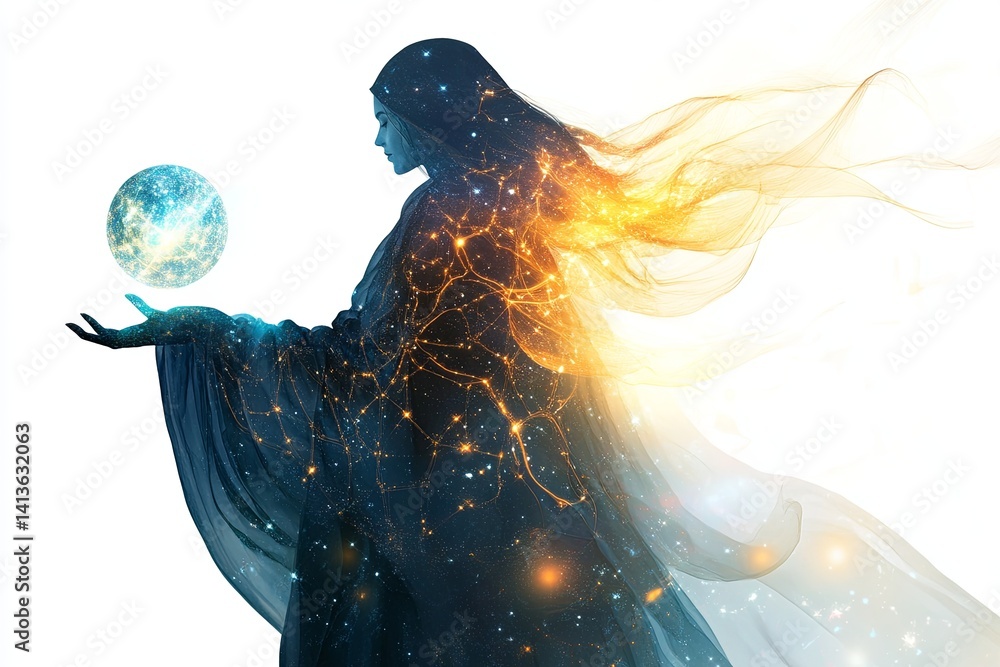 Poster mystical figure with a cosmic sphere against a bright backdrop, blending elements of fantasy and uni