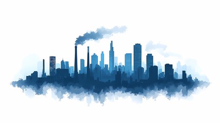 Urban Skyline Cityscape: Watercolor Silhouette Illustration with Skyscrapers and Atmospheric Effects in Blue Tones