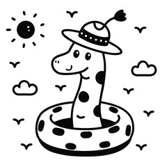 Cute Giraffe in a Summer Hat Floating on a Ring