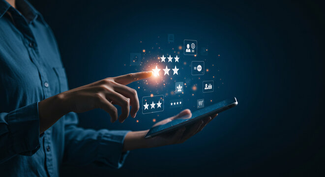Digital Feedback: A person interacts with a digital interface, engaging with feedback elements, and highlighting the dynamic of customer service and user experience