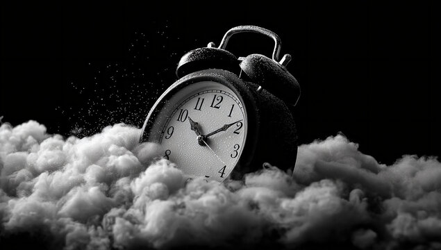 A classic alarm clock partially submerged in a fluffy cloud, captured in monochrome. A dramatic and evocative image.