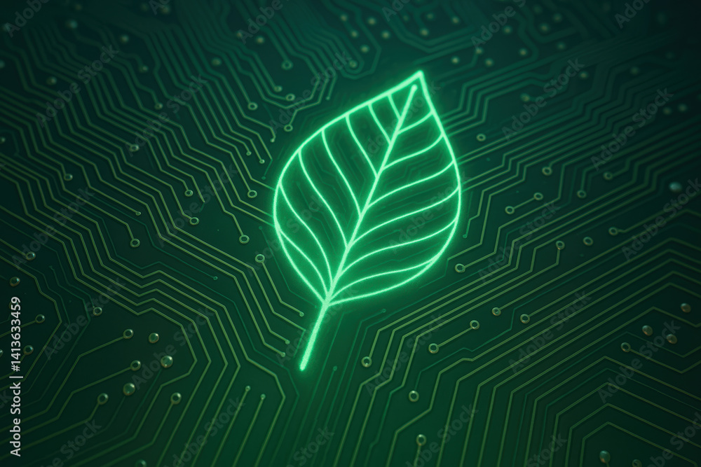 Poster leaf design integrates visual metaphors of nature and technology, conveying ethical messaging about 