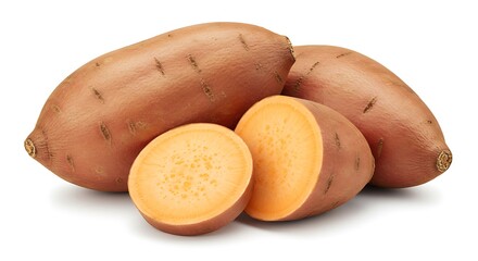 Raw sweet potato with skin, next to a sliced ​​one, on a white background