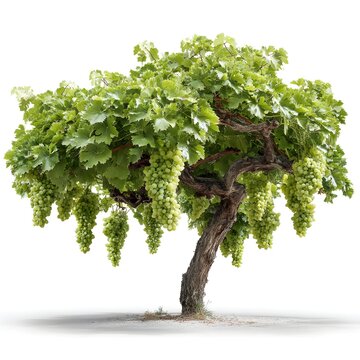 A lush green grapevine tree laden with ripe bunches of light green grapes stands isolated on a pure white background.