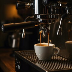 Close up of professional espresso machine while preparing espressos coffee cup in a coffee shop. Nobody