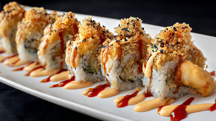 Shrimp tempura sushi roll with spicy mayo drizzle