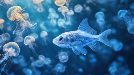 Naklejka premium Dreamy underwater scene with a glowing fish amidst a swirl of jellyfish