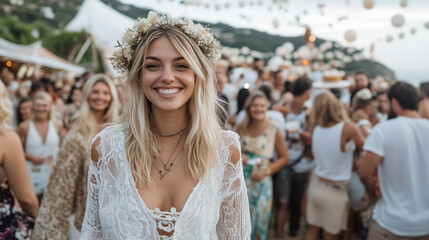 Naklejka premium Smiling European Woman at Disco Party – Joyful White-Themed Celebration