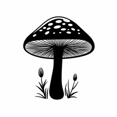 Black and White Mushroom Illustration. Organic Fungus Growth and Mycology Art for Home Decor
