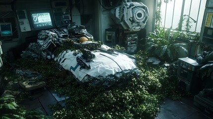 Abandoned Futuristic Spacecraft Overgrown with Lush Greenery