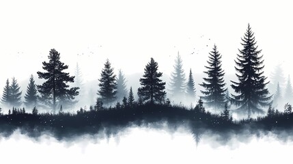 Fototapeta premium Serene Forest Silhouette: Atmospheric Pine Landscape in Misty Wilderness