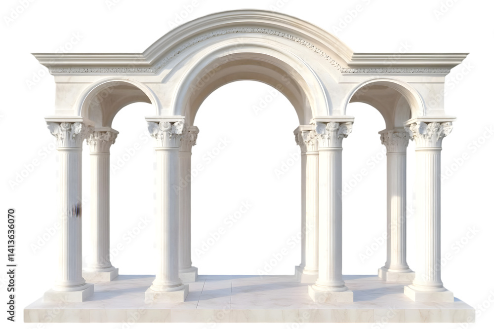 Poster elegant white arch structure with ornate columns on transparent background photo