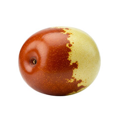 Obraz premium A vibrant jujube, showcasing its rich reddish-brown and pale yellow hues, sits invitingly against a stark white background.