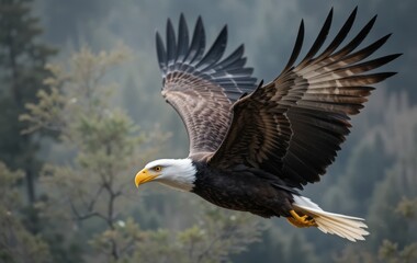 Obraz premium Eagle Flying Over Forest Majestic Bird in Flight
