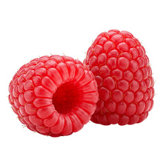 Two plump, juicy raspberries, bursting with summer sweetness and vibrant red color against a clean white background.