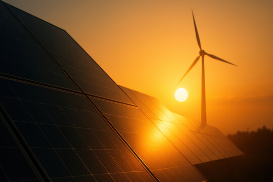Solar panels and wind turbine against sunset create visual metaphors for ethical energy solutions and sustainable messaging - Powered by Adobe