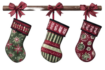 Festive Christmas Stockings Hanging with Red Bows on Wooden Beam Illustration