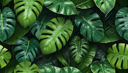 Fototapeta premium Lush green monstera leaves tropical rainforest nature photography close-up high-resolution vibrant aesthetic for eco-friendly designs