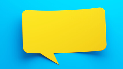 Blank curve speech bubble. Yellow speech bubble and blue background. 3d render
