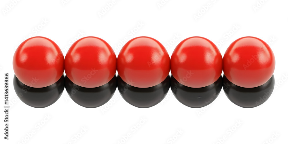 Poster five red balls in a row with black reflection isolated on black background photo