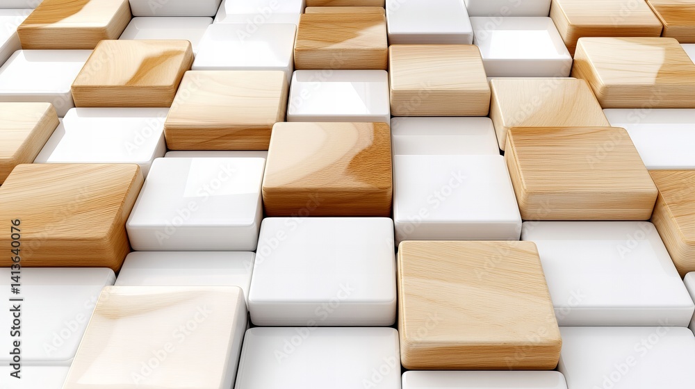 Poster wooden and white blocks are arranged in an alternating pattern on a flat surface, creating a texture