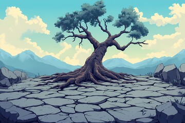Vibrant Desert Landscape Tree Illustration: Surreal Nature Art with Mountains and Clouds