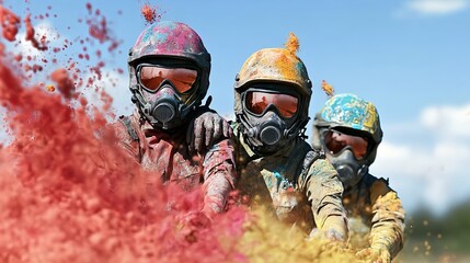 Obraz premium Vibrant Holi Celebration with Colorful Powder and Enthusiastic Participants
