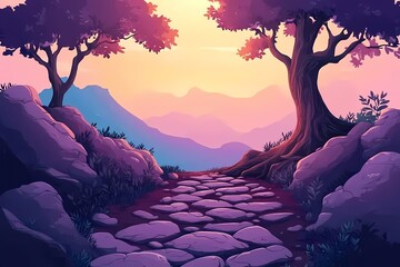 Scenic Pathway at Sunset. Vibrant Colors in a Tranquil Mountain Landscape