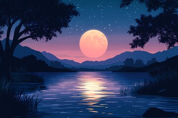 Enchanting Moonlit Landscape. Serene Reflection with Silhouetted Trees and Vibrant Twilight Colors