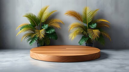 Obraz premium Modern Round Wood Podium with Simple Palm-like Foliage