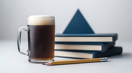 Dark beer in glass mug beside stacked books and pencil, still life with blue and cream tones