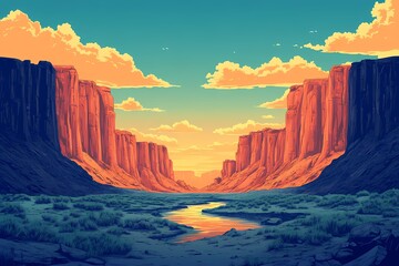 Majestic Western USA Canyon Landscape at Sunset. Dramatic Rock Formations, Vibrant Colors, and Tranquil River Scenery