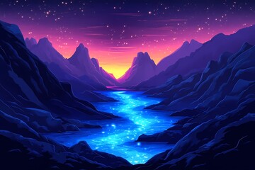Twilight Serenity. Mystical River and Mountains Under Vivid Stars. Nature's Night Wonderland