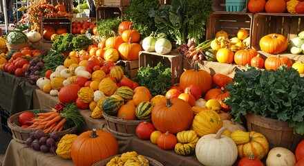Colorful autumn harvest of pumpkins, gourds, and other fresh vegetables.