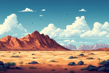 Desert Wilderness. Majestic Mountainous Landscape with Arid Sand and Cactus Under a Clear Blue Sky