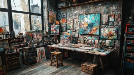 Artist's studio, filled with paintings, supplies, and a workspace