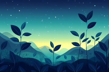 Serene Nighttime Landscape Illustration. Vector Art of Mystical Mountains and Starry Sky