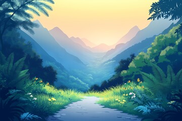 Tranquil Mountain Landscape Illustration. Picturesque Scenic Pathway at Sunrise