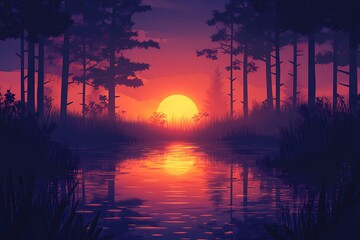 Tranquil Sunset Landscape Over River Reflection in Forest. Vibrant Nature Scenery for Peaceful Evenings