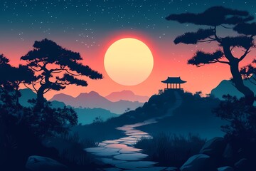 Serene Sunset over Asian Mountains. A Traditional Architecture Silhouette with Vibrant Colors and Evening Moonlight