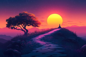 Serene Nature Journey. Vibrant Digital Art of Sunset Pathway Through Tranquil Mountain Landscape