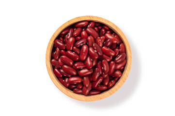 Red kidney beans in wooden bowl isolated on white background. top view